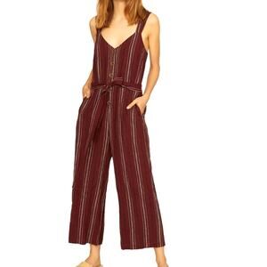 Sanctuary Linen Blend Wide Leg Stripe Jumpsuit V Neck Tie Waist Crop Casual S